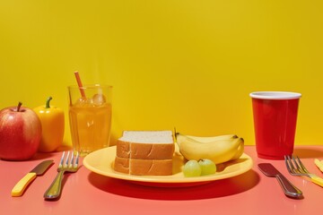 Wall Mural - Thisis a conceptual photo with a children's school lunch on a table