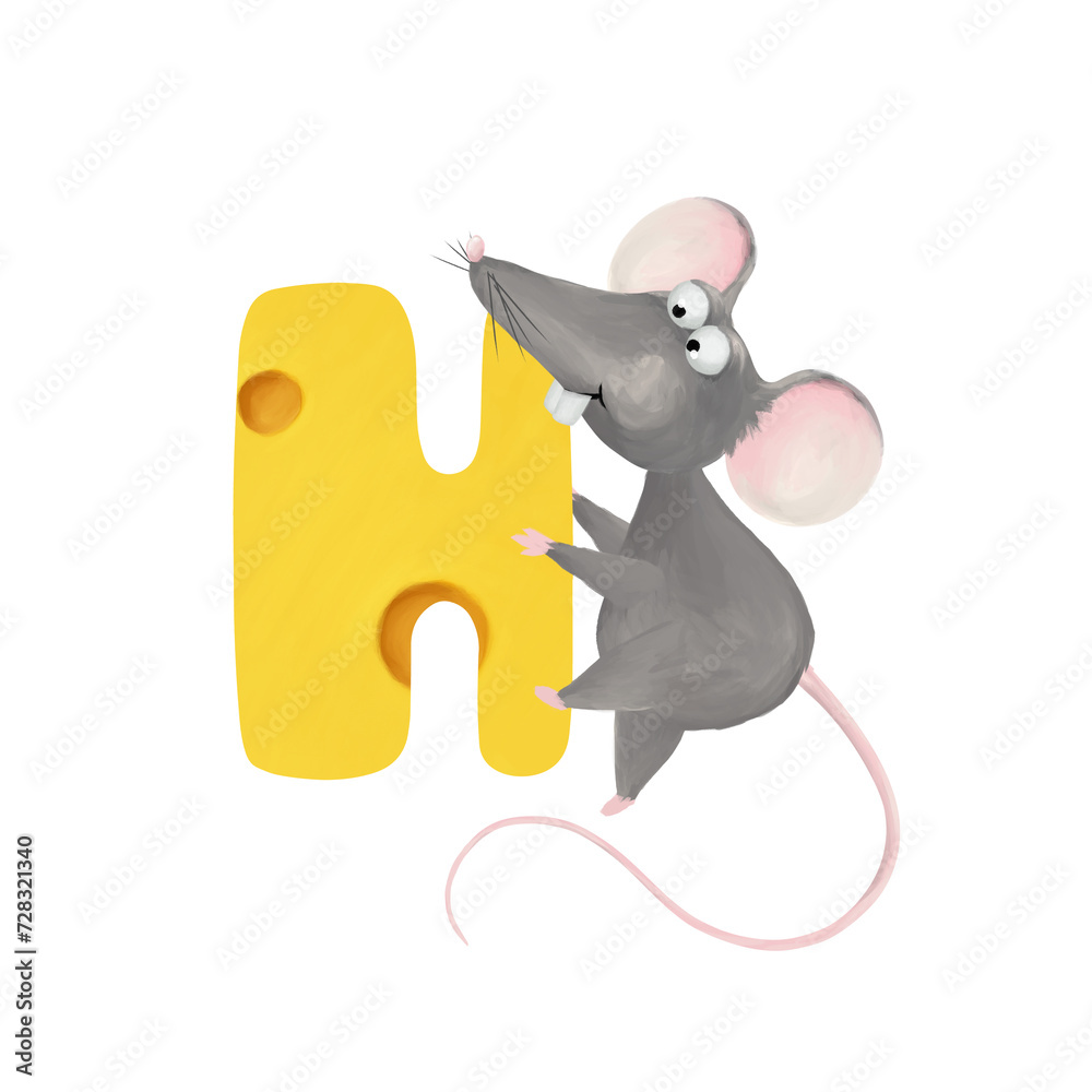 Bright cheese alphabet. Cute and funny rat with letter H. Tasty ...