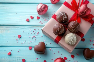 Wall Mural - Valentines Day Chocolate Truffles Gift and Lighting Decorations on Retro Light Blue Wood Background 