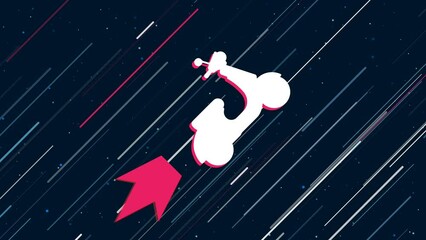Poster - Scooter symbol flies through the universe on a jet propulsion. The symbol in the center is shaking due to high speed. Seamless looped 4k animation on dark blue background with stars