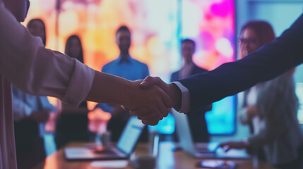 Teamwork and Technology: Group of young business people standing in the office, rejoicing at the deal struck. Man shaking hands with a woman, concluding a meeting, signing a contract, or welcoming a n