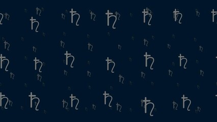 Poster - Astrological saturn symbols float horizontally from left to right. Parallax fly effect. Floating symbols are located randomly. Seamless looped 4k animation on dark blue background
