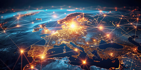 Poster - blue abstract digital map of europe with lines and dots. suitable for travel, navigation, cartograph