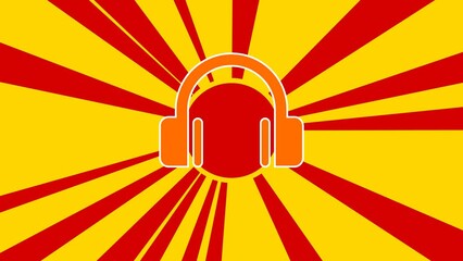 Poster - Headphones symbol on the background of animation from moving rays of the sun. Large orange symbol increases slightly. Seamless looped 4k animation on yellow background