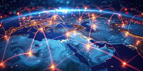 Poster - Blue abstract digital map of Saudi Arabia with lines and dots. Suitable for travel, navigation, cartography, geography, cyber technology concepts, data transfer and business information network