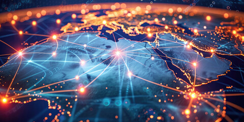 Poster - Blue abstract digital map of Saudi Arabia with lines and dots. Suitable for travel, navigation, cartography, geography, cyber technology concepts, data transfer and business information network