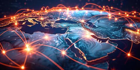 Poster - Blue abstract digital map of Saudi Arabia with lines and dots. Suitable for travel, navigation, cartography, geography, cyber technology concepts, data transfer and business information network