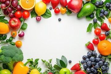 Wall Mural - Fruits and Vegetables Frame. White Copy Space.