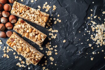 High angle view of five homemade granola energy bars assorted on black textured background. 