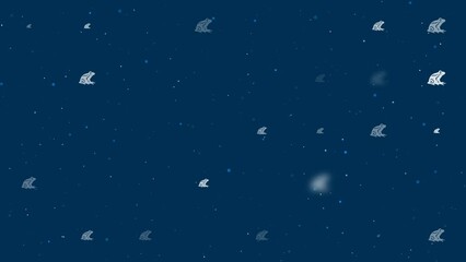Poster - Template animation of evenly spaced frog symbols of different sizes and opacity. Animation of transparency and size. Seamless looped 4k animation on dark blue background with stars