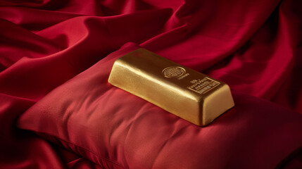 Gold bars on red pillow background. Financial and investment concept