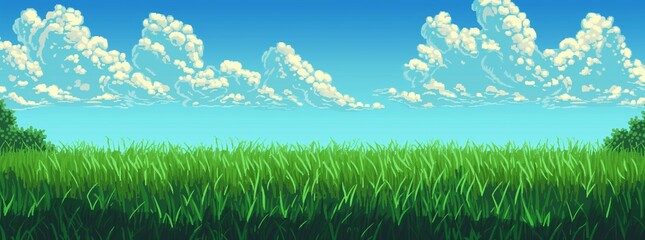 Wall Mural - Retro pixel art featuring a lush green field under a sky dotted with fluffy clouds, perfect for a video game background