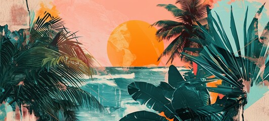 Stylized tropical beach scene with a warm sunset glow, featuring vibrant palm leaves and a sea reflecting the orange sun. Ideal for conveying relaxation and paradise vibes.