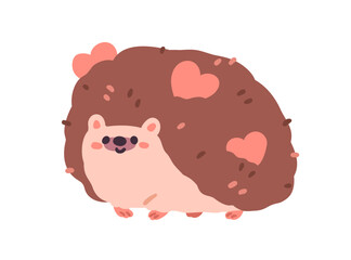 Poster - Cute hedgehog carrying hearts, love valentines in spikes. Happy funny adorable forest animal. Comic kawaii spiky character. Kids childish flat vector illustration isolated on white background
