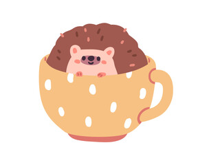 Poster - Cute hedgehog peeking, looking from behind cup. Funny forest animal playing, hiding in teacup. Kawaii adorable lovely baby character. Childish flat vector illustration isolated on white background