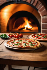 Wall Mural - Italian pizza resting on a table with the blurred background of a pizza oven