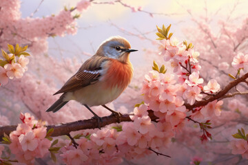 Naklejka na meble A charming bird perched amidst the soft hues of spring blossoms AI Generative.