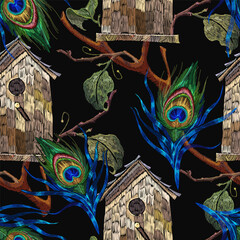 Wall Mural - Peacock feathers and wooden bird house on black background. Seamless pattern. Template fashionable clothes, t-shirt design. Classical embroidery