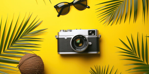 Wall Mural - Top view summer holiday background, Camera and Sunglass and coconut tropical palm tree leaves on yellow background, Flat lay Minimal fashion summer holiday vacation concept