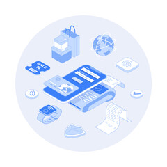 Wall Mural - Mobile contactless payment. PayPass, NFC payments. Scanning QR code. POS terminal, phone and smart watch. Vector outline illustration with isometry scene for web graphic
