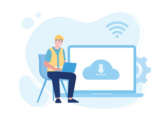 Poster - worker with download management laptop in cloud concept flat illustration