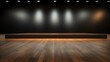 An upscale empty conference stage with polished wood flooring and a sophisticated gray backdrop.