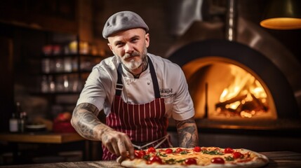 Wall Mural - A professional male chef prepares pizza in an Italian pizzeria against the background of an oven with fire. A restaurant or cafe with delicious organic products.