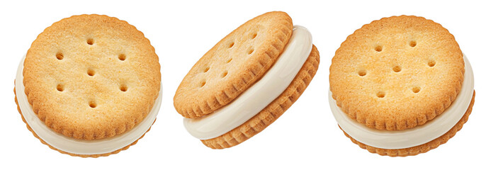Wall Mural - sandwich cookies, vanilla cream filled biscuits isolated on white background, full depth of field