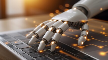 Artificial intelligence in business  robot hand typing on laptop with glowing infographic lines