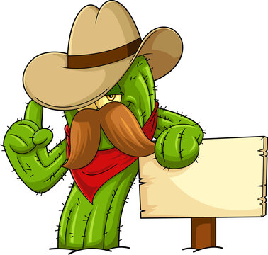 Cactus Cowboy Cartoon Character With Wooden Blank Sign. Vector Hand Drawn Illustration Isolated On Transparent Background