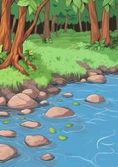 Poster - Landscape with Forest River. Children's book illustration in cartoon style.