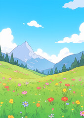 Sticker - Summer Mountains Meadows. Children's book illustration in cartoon style.