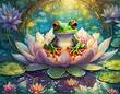 a frog  meditating on a lotus, the circle of samsara clouse up, youga