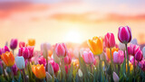 Fototapeta Tulipany - Tulips on the background of sunset in a field ,spring concept