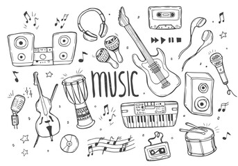 Hand drawn sketch set of music culture doodles, instruments, notes, signs and symbols