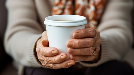 Close up of senior woman s hand holding an empty coffee to go paper cup, with a focus on the details