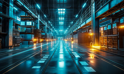 Poster - Advanced virtual warehouse interface with holographic storage layout and futuristic cyber infrastructure