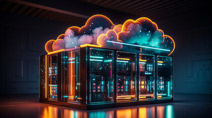 Poster - conceptual visualization of cloud computing with neon cloud design and server rack, highlighting dat