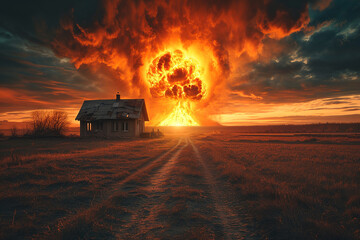 destroyed house against the backdrop of a nuclear explosion. sunset