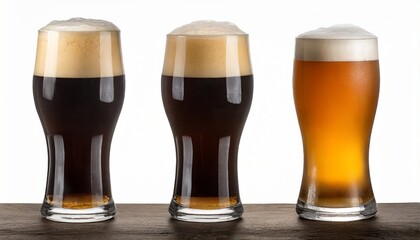 Wall Mural - three foamy pints stout ale pilsner lager beer on white background for use alone or as a design element