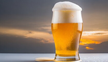 Wall Mural - glass of fresh beer with cap of foam on white backgroun