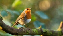 Robin Erithacus Rubecula Singing On Branch Bird In Family Turdidae With Beak Open In Profile Making Evening Song In Parkland In Uk