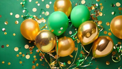 Canvas Print - green and golden balloons with confetti on green background