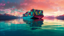 A Large Container Ship Floating On Top Of A Body Of Water Under A Cloudy Sky With Mountains In The Background, Generative Ai