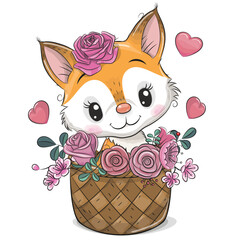 Wall Mural - Cartoon fox in a basket of flowers on a white background