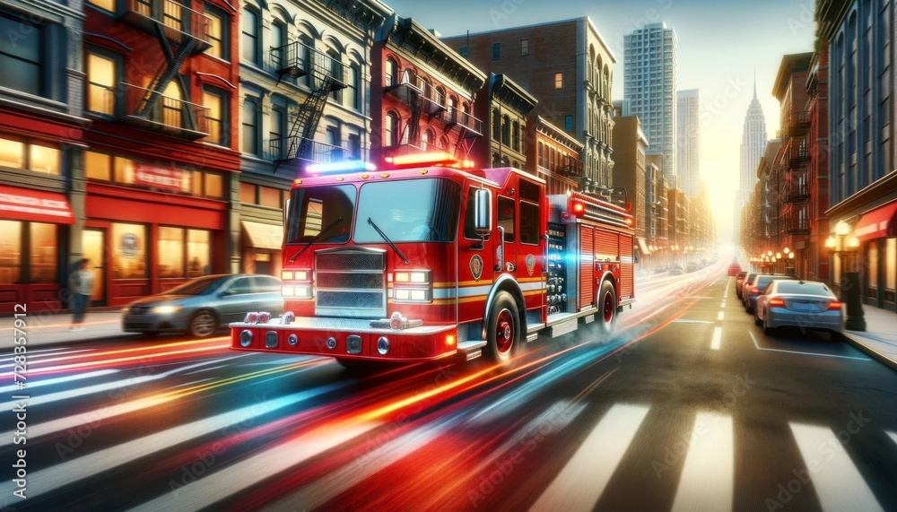 Dynamic image of a red fire truck with flashing lights in motion ...