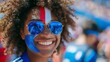© Andrei - Joyful french fan with face paint at football game, blurred stadium background, text space