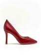 Dark red leather high heel shoe on white background.