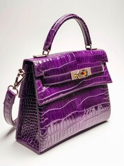 Wall Mural - Purple leather handbag on white background. Violet crocodile leather bag.