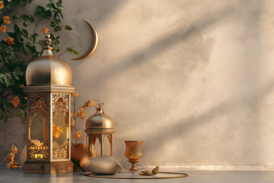 Elegant ramadan kareem lantern with white background text copy space. Generative ai